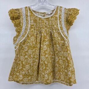 Jennifer Grace Top Medium Mustard Floral Lace Trim Pintuck Flutter Sleeve Blouse
